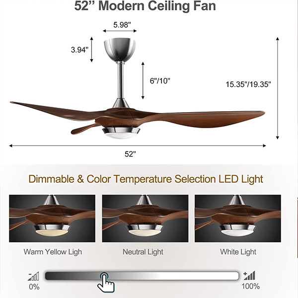 Ventilador de techo Huangchuang de 52 pulgadas con kit de luz LED, aspas modernas con control remoto, motor reversible silencioso, atenuación y ajuste de temperatura de color, 6 niveles, acabado pintado a mano