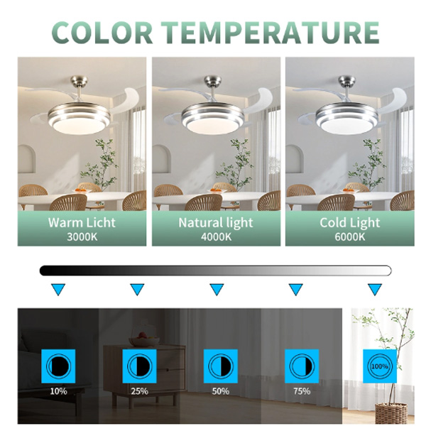 Ventilador de luz Fabricante de motor de CC de alta calidad de plata Ventilador de luz