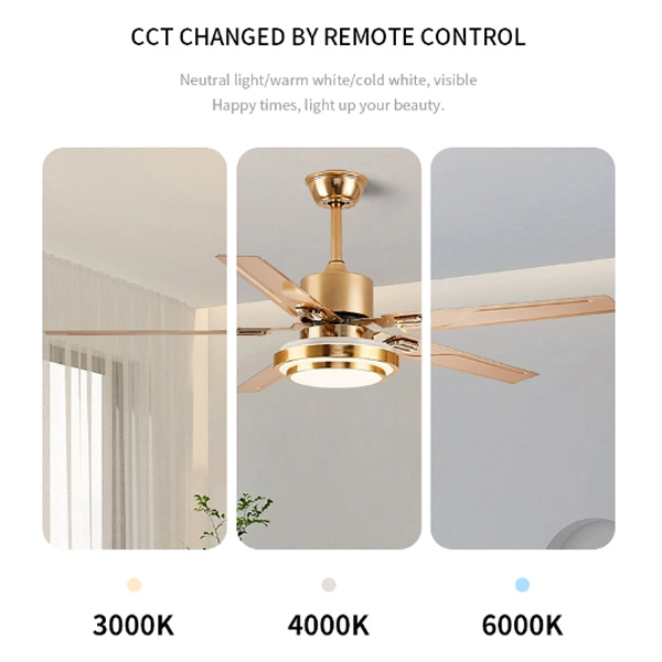Ventilador de techo LED con atenuación de 3 colores y control remoto de DC de cobre con luz